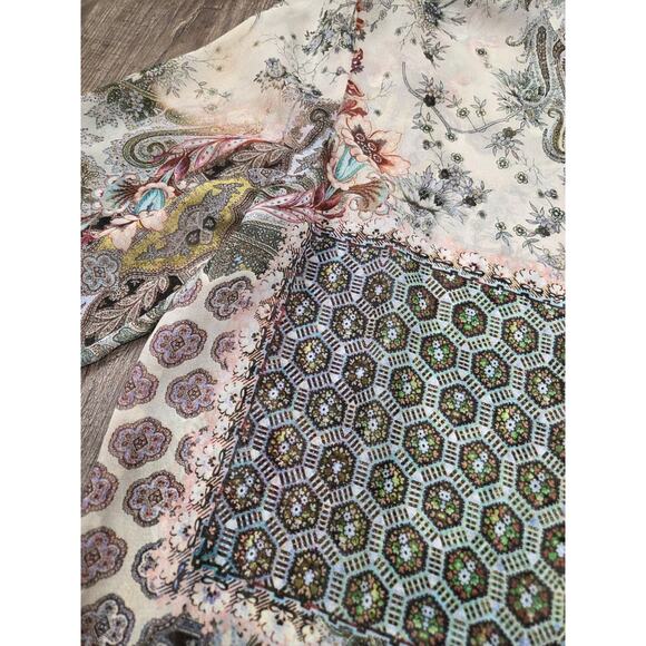 Bandolera NEW Sheer Blue Print Top Blouse Button Front Long Sleeve Medium - Picture 4 of 8